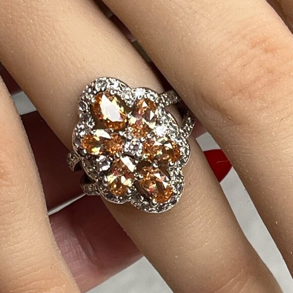 Floral Cluster Ring With Orange & Clear Gemstones In Silver Setting size 6 - Picture 2 of 8